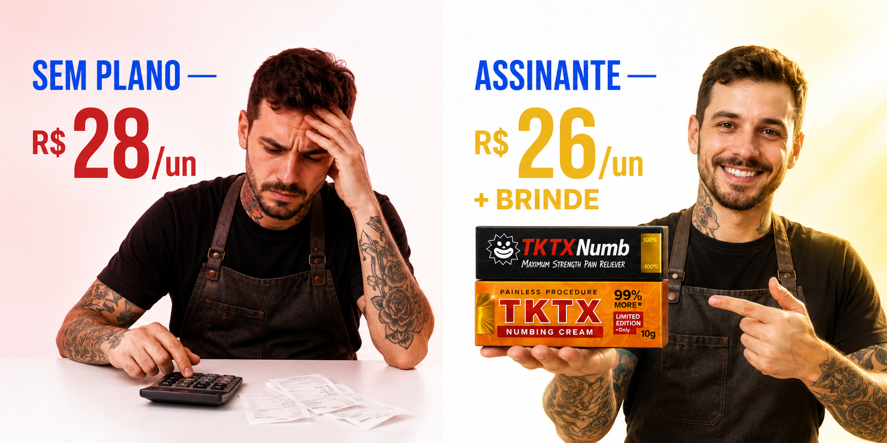 Sem plano R$ 28 por unidade vs Assinante R$ 26 por unidade + brinde de boas-vindas